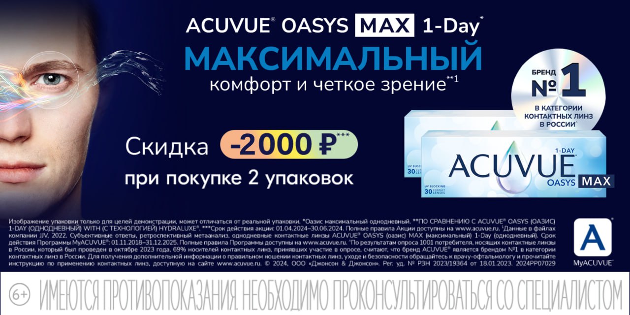 Новые контактные линзы 1-Day ACUVUE OASYS MAX скидка 2000 рублей